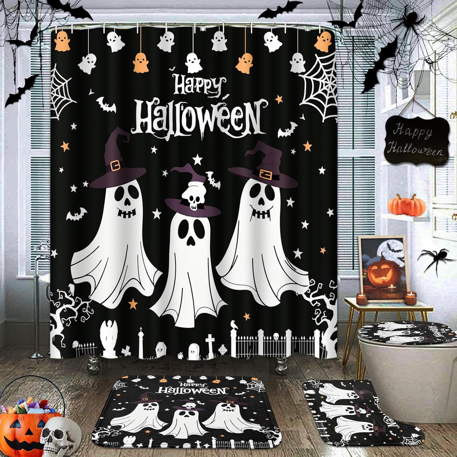 Halloween Shower Curtain Set - 72x72 Inch, Black Fabric With Ghosts, Grave, Castle, Pumpkin Design - View #9
