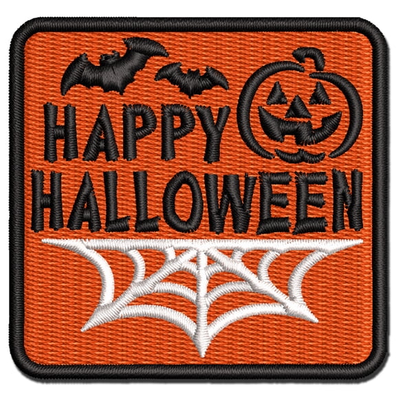 Happy Halloween Bats Spider Web Jack-O'-Lantern Applique Multi-Color Embroidered Iron-On Patch - 3 Inch Medium