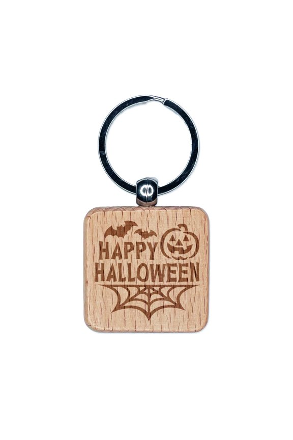 Happy Halloween Bats Spider Web Jack-O'-Lantern Square Keychain Charm Tag - Engraved Wood