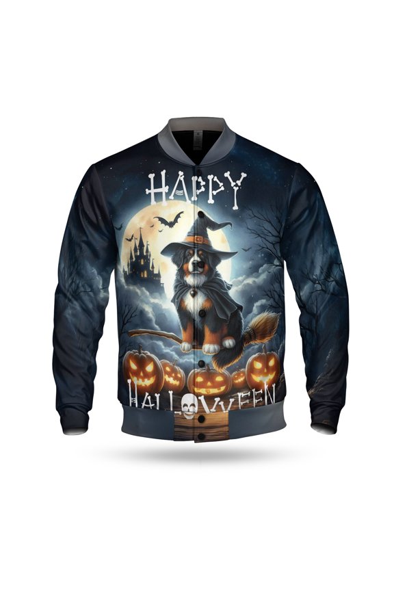 Happy Halloween Bernese Mountain Dog Witch Pumpkins Bats All Over Print 3D Baseball Jacket Berner Lover Gifts Bomber Jacket Softball - 13012