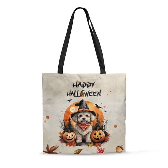 Happy Halloween Bichon Frise Witches Hat Pumpkin Carving All Over Print 3D Canvas Tote Bag Bichons Dog Lovers Gifts Idea Reusable Handbag - 02019