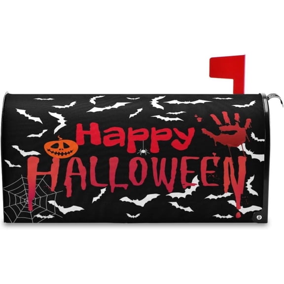 Happy Halloween Black Bat Mailbox Cover Magnetic Spooky Bloody Hand Palm Ghost Mailbox Covers Standard Size Garden Yard Post Wraps Letter Box Cover Creepy Decorations 21" L x 18" W