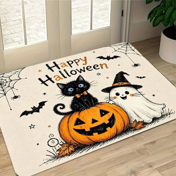 Happy Halloween Black Cat Ghost Pumpkin Flannel Doormat, Farmhouse Front Entry Floor Mat