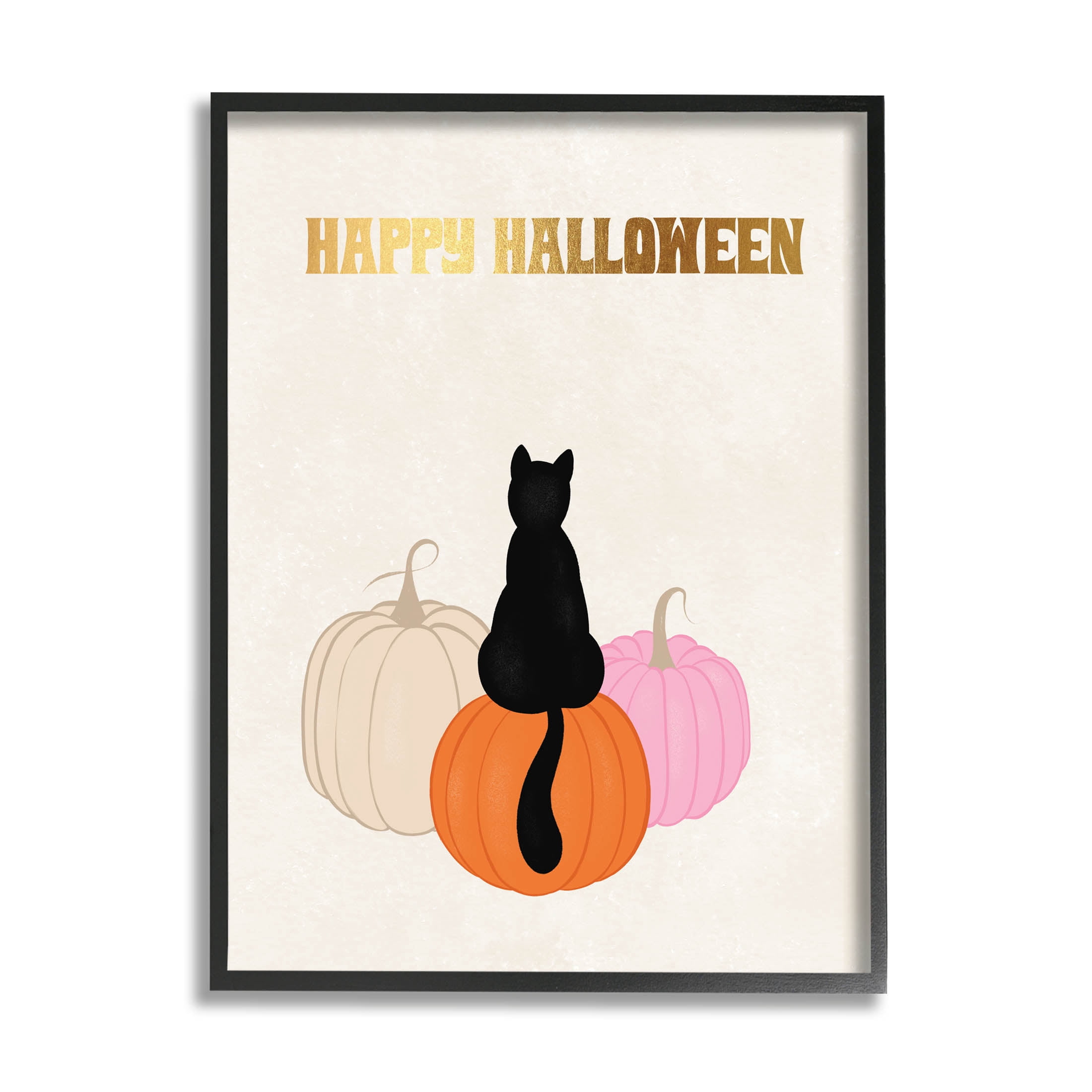 Happy Halloween Black Cat Pumpkins Holiday Graphic Art Black Framed Art Print Wall Art