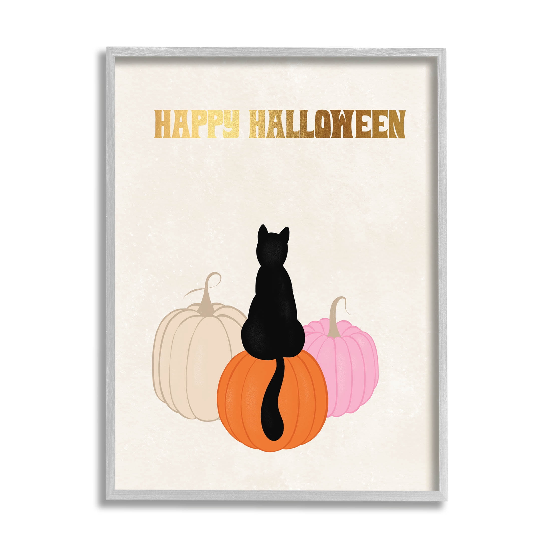 Happy Halloween Black Cat Pumpkins Holiday Graphic Art Gray Framed Art Print Wall Art