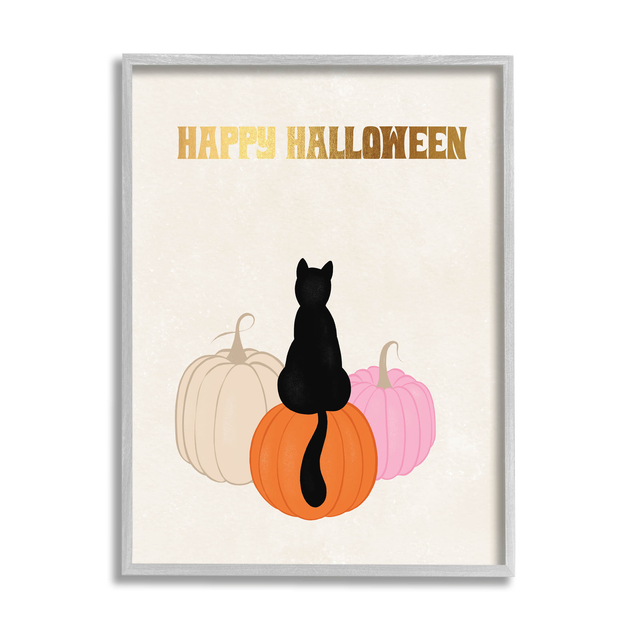Happy Halloween Black Cat Pumpkins Holiday Graphic Art Gray Framed Art Print Wall Art