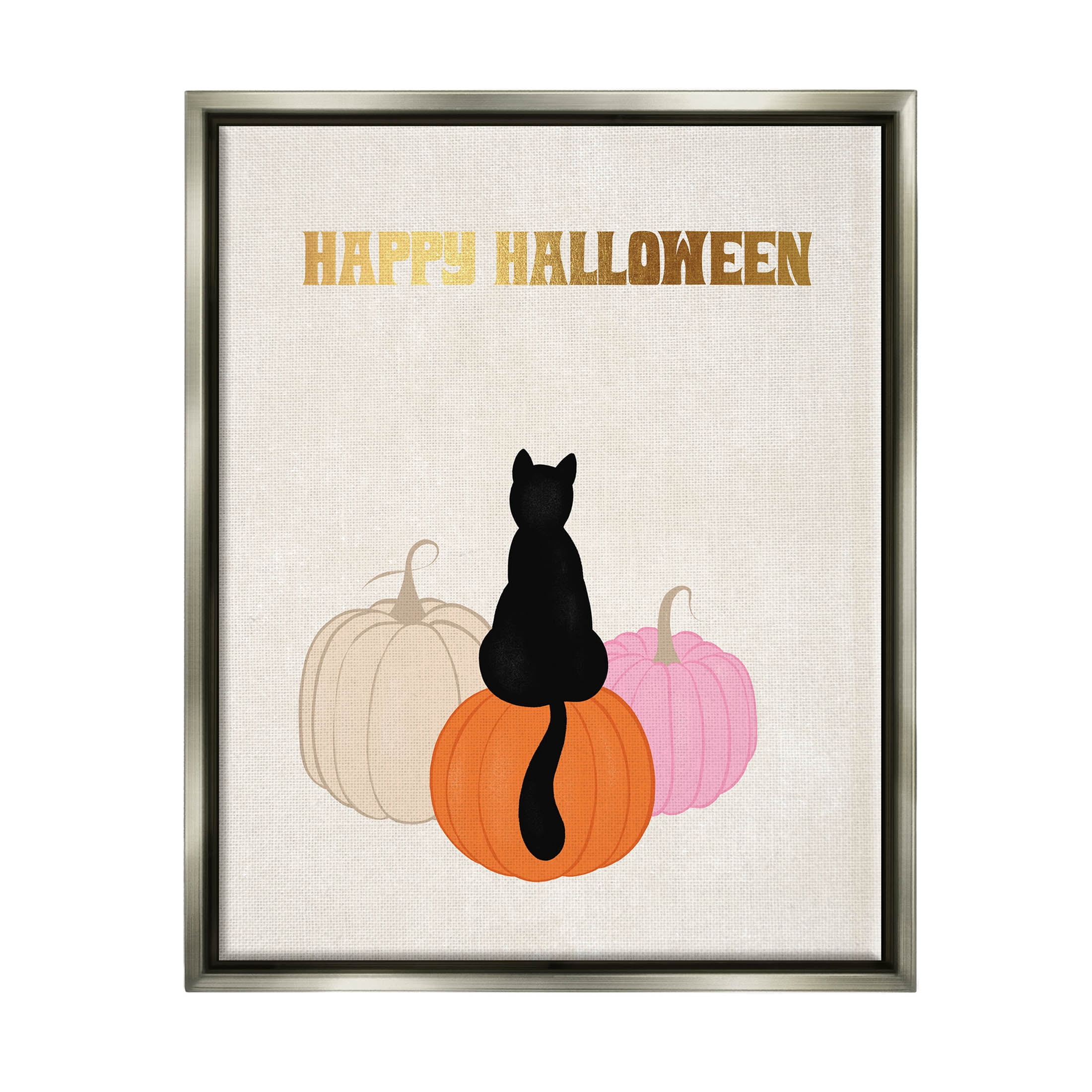 Happy Halloween Black Cat Pumpkins Holiday Graphic Art Luster Gray Framed Art Print Wall Art