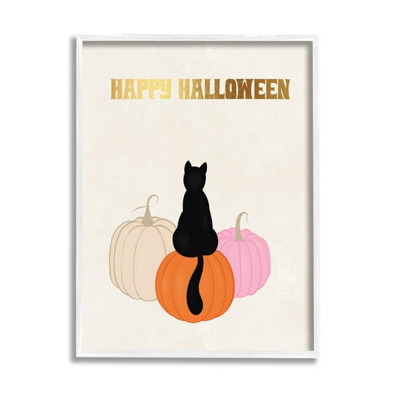 Happy Halloween Black Cat Pumpkins Holiday Graphic Art White Framed Art Print Wall Art