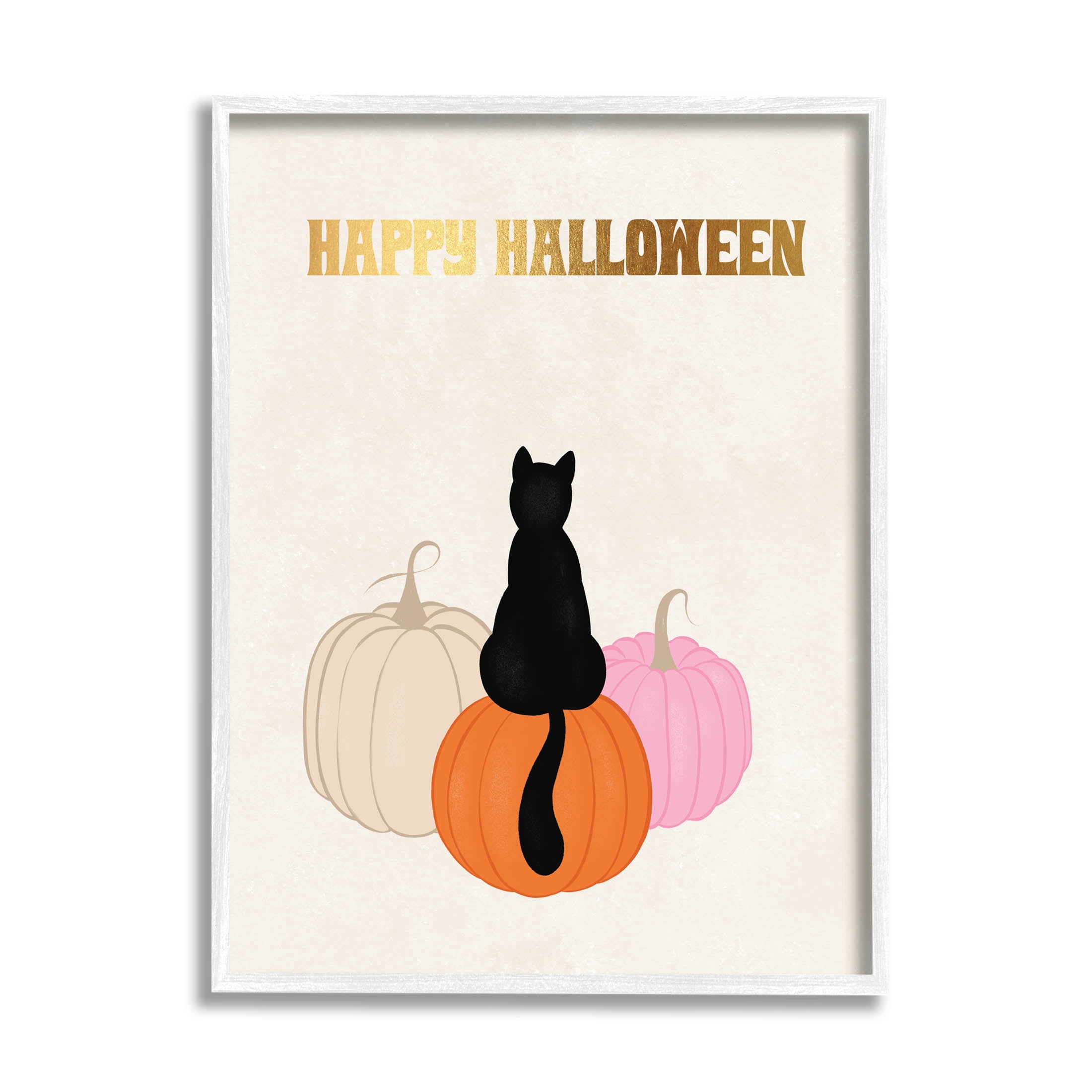 Happy Halloween Black Cat Pumpkins Holiday Graphic Art White Framed Art Print Wall Art