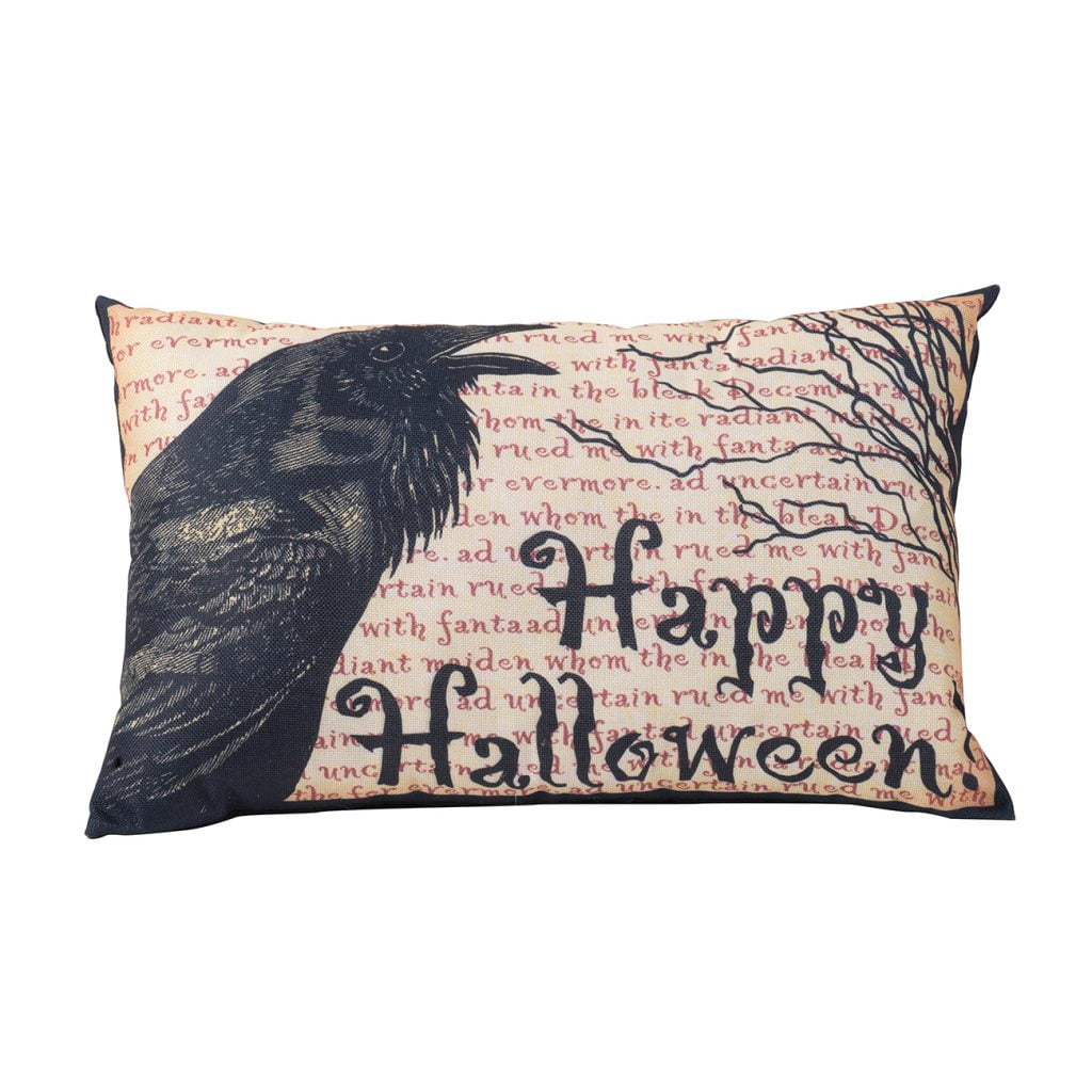 Happy Halloween Black Crow Pillow 20x13 Inch Eerie Antique Script with Ribbon Hanger