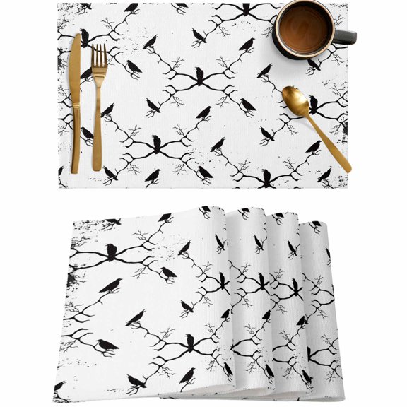 Happy Halloween Black Crow Seamless Placemats Set of 4,Wipeable Washable Table Mats for Dining Tables,Horror Dead Branch White Back Place Mats for Kitchen Event Party Tabletop Decor
