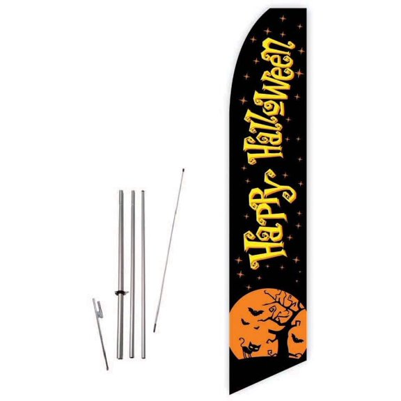 Happy Halloween Black Super Novo Feather Flag - Complete with 15ft Pole Set and Ground Spike