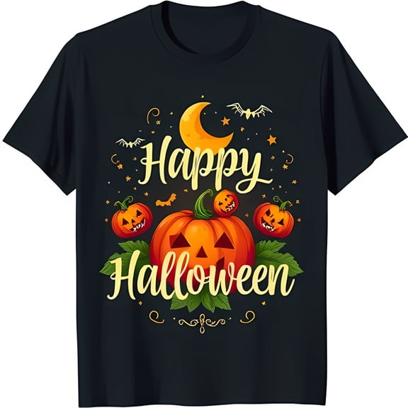 Happy Halloween Black T-Shirt with Fun O Lanterns Bats Stars & Moon Design