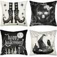 thumbnail image 1 of Happy Halloween Black and White Pillow Covers Set of 4 Fall Pumpkin Witch Hat Shoes Skull Floral Print Scary October Throw Pillow Cases Moon Night Bat Crow Spider Web Cushion Cover 16\u201dx16\u201d, 1 of 4