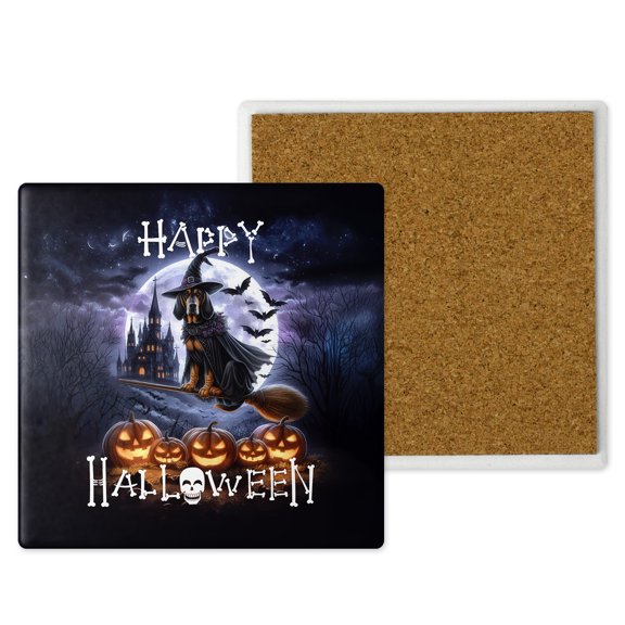 Happy Halloween Bloodhound Witch Pumpkins Bats Set of 4 Stone Coasters Dog Lover 4x4in Absorbent Soapstone Coaster - 13012