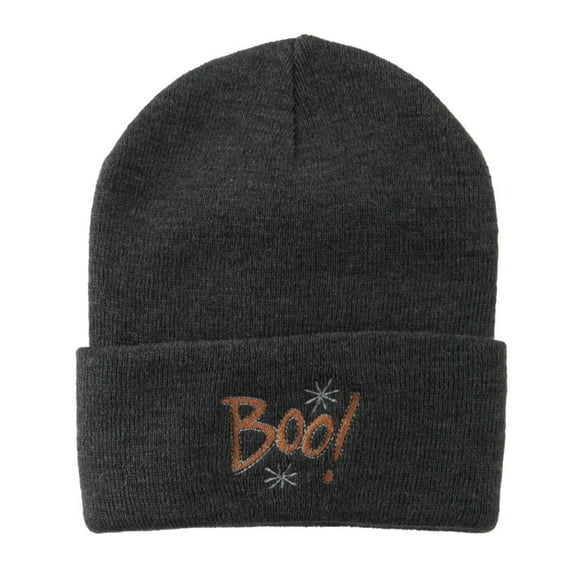 Happy Halloween Boo Embroidered Long Beanie - Grey OSFM