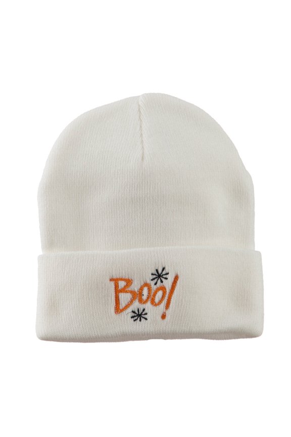 Happy Halloween Boo Embroidered Long Beanie - White OSFM