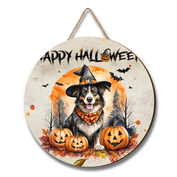 Happy Halloween Border Collie Witches Hat Pumpkin Carving Round Wood Sign Borders Dog Lovers Gifts Idea Hanging Wall Home Decor - 02019