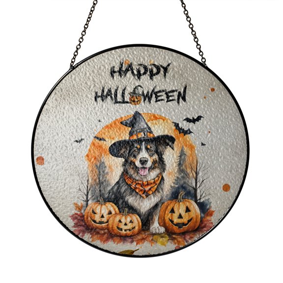 Happy Halloween Border Collie Witches Hat Pumpkin Carving Stained Glass Suncatcher Borders Dog Lovers Gifts Idea Window Hanging Sign Decor - 02019