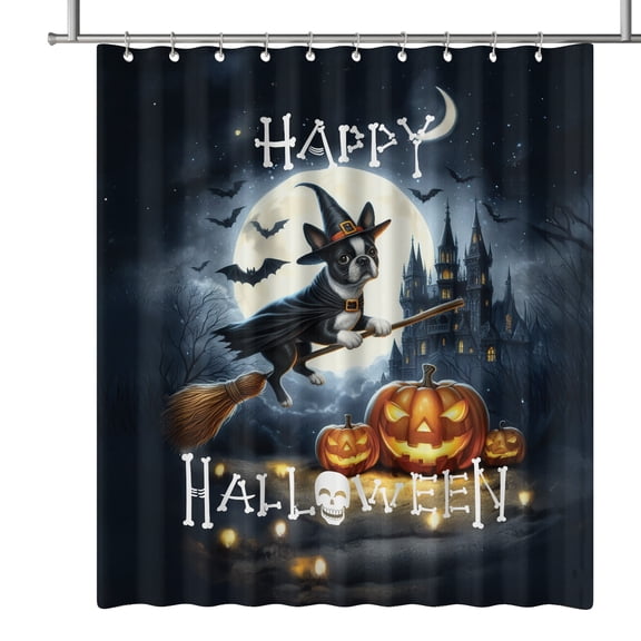 Happy Halloween Boston Terrier Witch Pumpkins Bats Shower Curtain Gentleman Dog Lover Gifts Waterproof Bathroom Bathtub Curtain - 13012