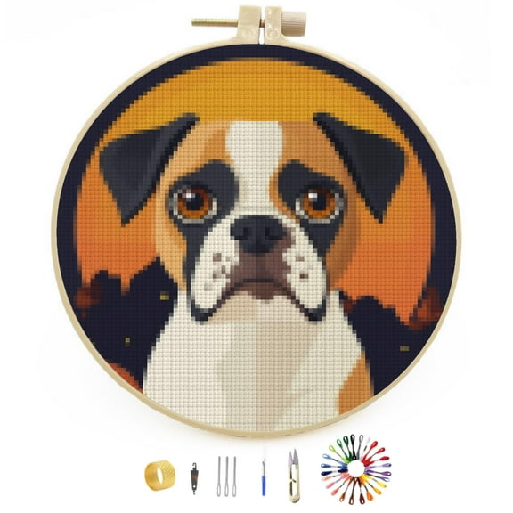 Happy Halloween Boxer Dog DIY Stamped Cross Stitch Kits Easy for Beginners with Hoop 11CT Counted Embroidery Needlepoint Crafts Arts for Handmade Enthusiasts and Home Decor 30x30cm(4)