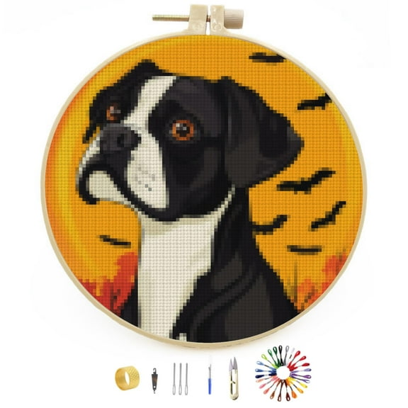 Happy Halloween Boxer Dog DIY Stamped Cross Stitch Kits Easy for Beginners with Hoop 11CT Counted Embroidery Needlepoint Crafts Arts for Handmade Enthusiasts and Home Decor 30x30cm(3)