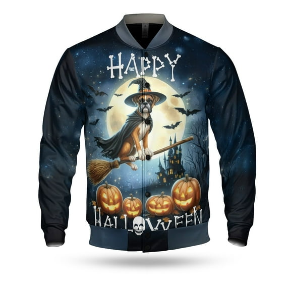 Happy Halloween Boxer Witch Pumpkins Bats All Over Print 3D Baseball Jacket Boxers Dog Lover Gifts Idea Bomber Jacket Softball - 13012