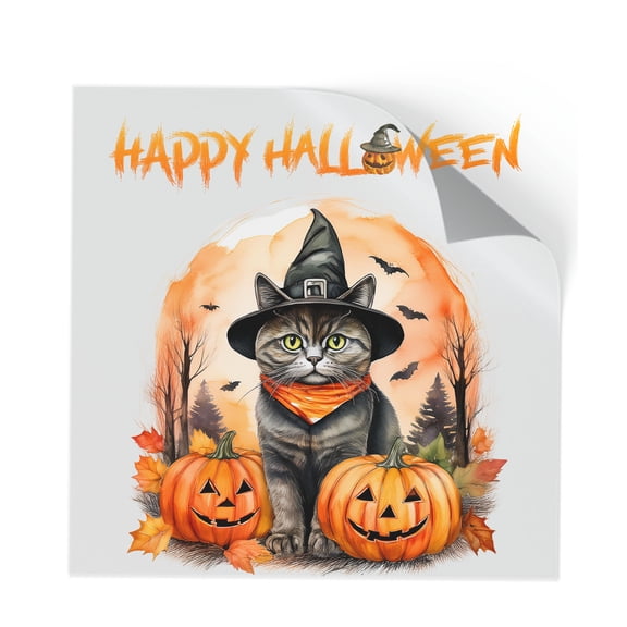 Happy Halloween British Shorthair Witches Hat Pumpkin Carving Cutout Transfer Sticker Cat Lover Kitten Owner Gifts Transparent Decal Art Decor - 02019