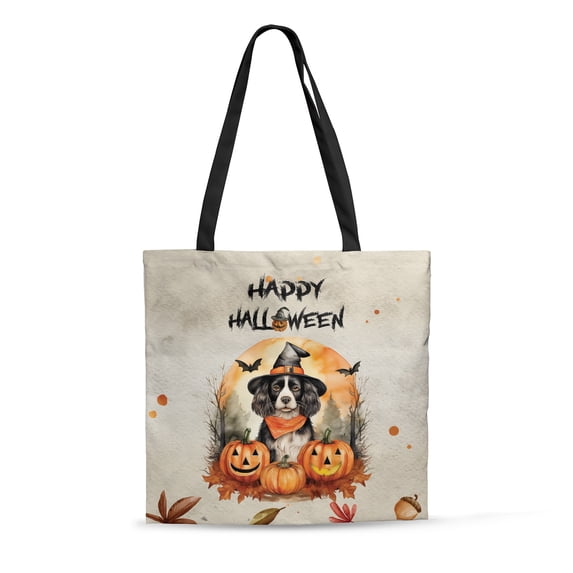 Happy Halloween Brittany Spaniel Witches Hat Pumpkin Carving All Over Print 3D Canvas Tote Bag Brittany Dog Lover Gifts Idea Reusable Handbag - 02019