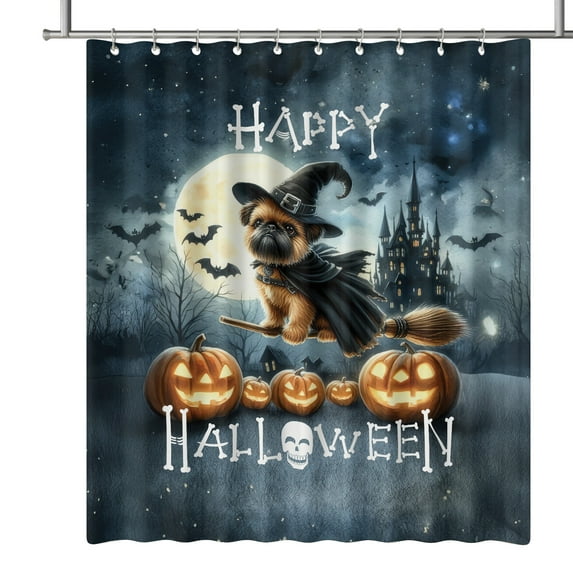 Happy Halloween Brussels Griffon Witch Pumpkins Bats Shower Curtain Griff Dog Lover Waterproof Bathroom Bathtub Curtain - 13012