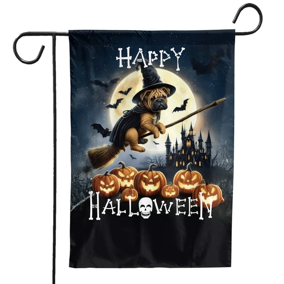 Happy Halloween Bullmastiff Witch Pumpkins Bats Garden Flag 12x18in Double Sided Dog Lover Outdoor Decor - 13012