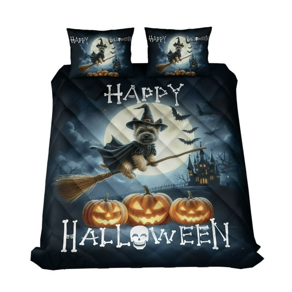 Happy Halloween Cairn Terrier Witch Pumpkins Bats Quilt Bedding Set Cairns Dog Lover 1 Blanket Bed Cover 2 Pillowcases - 13012