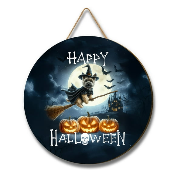 Happy Halloween Cairn Terrier Witch Pumpkins Bats Round Wood Sign Cairns Dog Lover Hanging Wall Home Decor - 13012