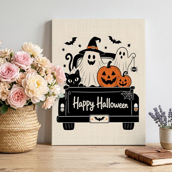 Happy Halloween Canvas Wall Art for Living Room, Black Cartoon Ghost Truck Pumpkin Cat Linen Poster Print Painting for Bedroom Office Home Decoration Wall Pictures Prepare To Hang 12"x16"