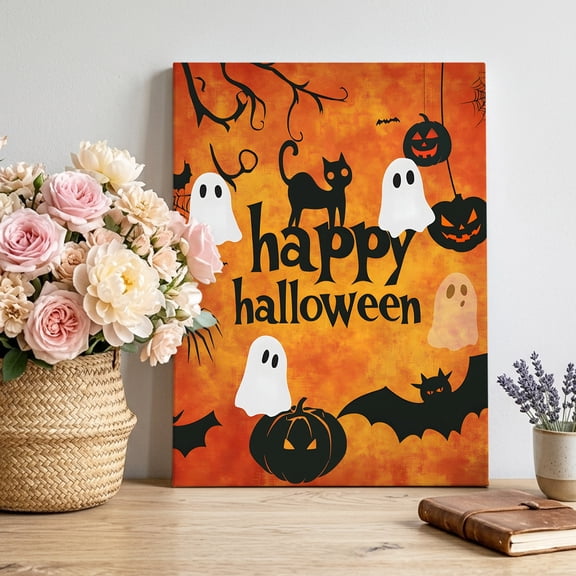Happy Halloween Canvas Wall Art for Living Room, Spooky Cartoon Ghosts Pumpkins Bats Orange Poster Print Painting for Bedroom Office Home Decoration Wall Pictures Prepare To Hang 20"x30"