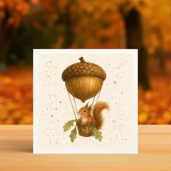 Cute Squirrel Balloon Card  Adorable Acorn Hot Air Balloon Design  Blank Inside, Envelope Included  Perfect for Any Occasion Greeting