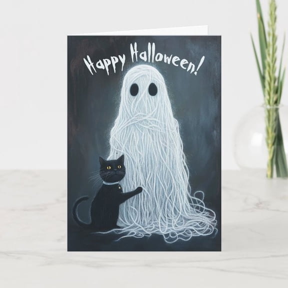 Happy Halloween Card Featuring Cute Ghost and Black Cat  Blank Inside with Envelope Included  Perfect for Halloween Greetings or Party Invitations