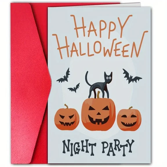 Happy Halloween Card - Fun Night Party Design with Pumpkins & Cat - Includes Envelope, Blank Inside - Perfect Greeting Card for Halloween Celebrations