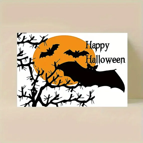 Happy Halloween Card – Spooky Bat and Full Moon Design – Perfect for Trick-or-Treat Wishes – Envelope Included, Blank Inside for Personal Messages