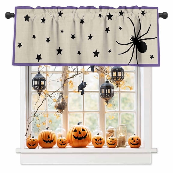Happy Halloween Cartoon Spiders- Stars Black Shadow Curtain Valances for Kitchen Windows,Short Valance Purple Border Small Window Treatment for Living Room Bathroom Bedroom,54" x 18"-1 Panel