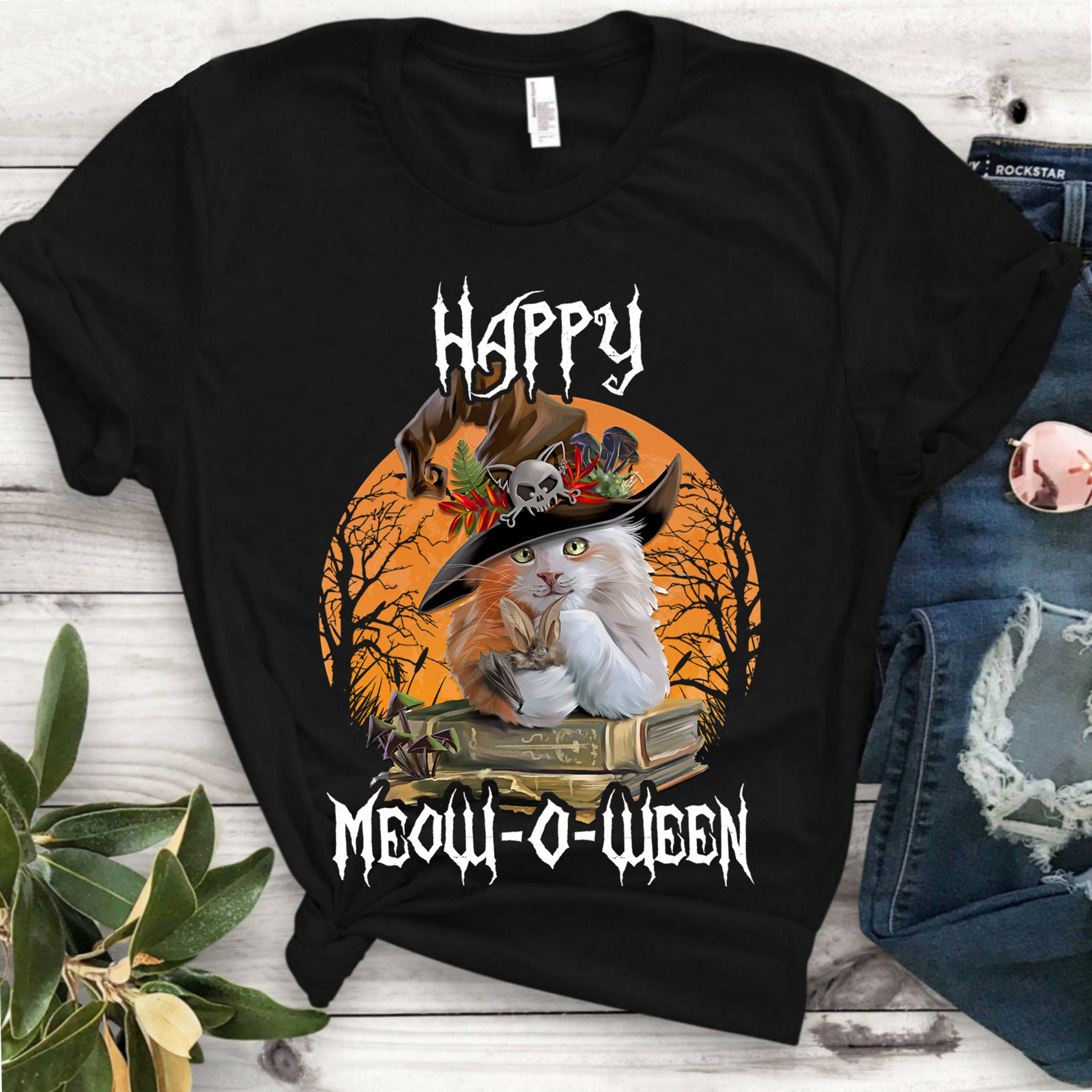Happy Halloween Cat T Shirt Meowoween Cute Black Cat Witch Party