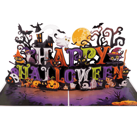 JUNPITOO 3D Pop Up Greeting Card, Halloween Cats Design, Handmade with Envelope, 6x8 Inches