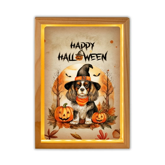 Happy Halloween Cavalier King Charles Spaniel Witches Hat Pumpkin Carving Acrylic Plaque with Wood Photo Frame Box Dog Lover Gifts Light Box - 02019