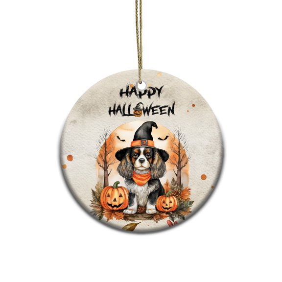 Happy Halloween Cavalier King Charles Spaniel Witches Hat Pumpkin Carving Ceramic Round Ornament Dog Lover Gifts Home Tree Decor - 02019