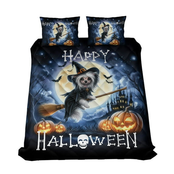 Happy Halloween Chinese Crested Witch Pumpkins Bats Quilt Bedding Set Dog Lover 1 Blanket Bed Cover 2 Pillowcases - 13012