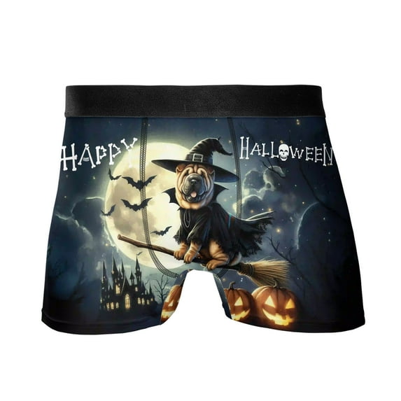 Happy Halloween Chinese Shar-Pei Witch Pumpkins Bats All Over Print Boxer Briefs Underwear for Men Dad Dog Lover - 13012