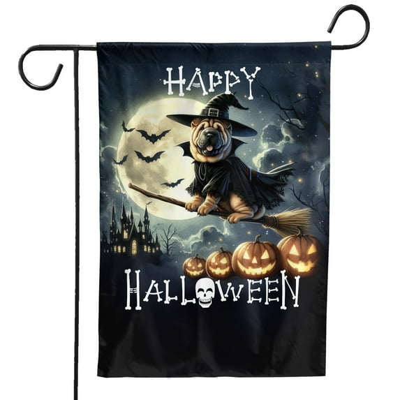Happy Halloween Chinese Shar-Pei Witch Pumpkins Bats Garden Flag 12x18in Double Sided Dog Lover Outdoor Decor - 13012