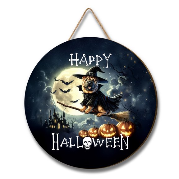 Happy Halloween Chinese Shar-Pei Witch Pumpkins Bats Round Wood Sign Dog Lover Hanging Wall Home Decor - 13012