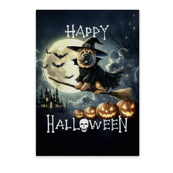 Happy Halloween Chinese Shar-Pei Witch Pumpkins Bats Vertical Matte Canvas Poster Dog Lover Wall Art Home Decor - 13012