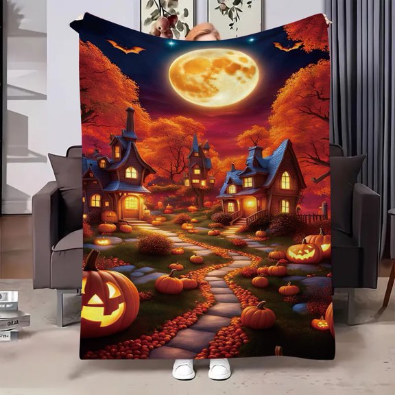 Happy Halloween & Christmas Cozy Flannel Blanket - Soft Warm Lightweight Throw with Spooky Castle, Jack-O'-Lanterns, Bats & Witches Hat Print for Bed, Sofa, Travel - All-Season & Adult Bedspread Gift